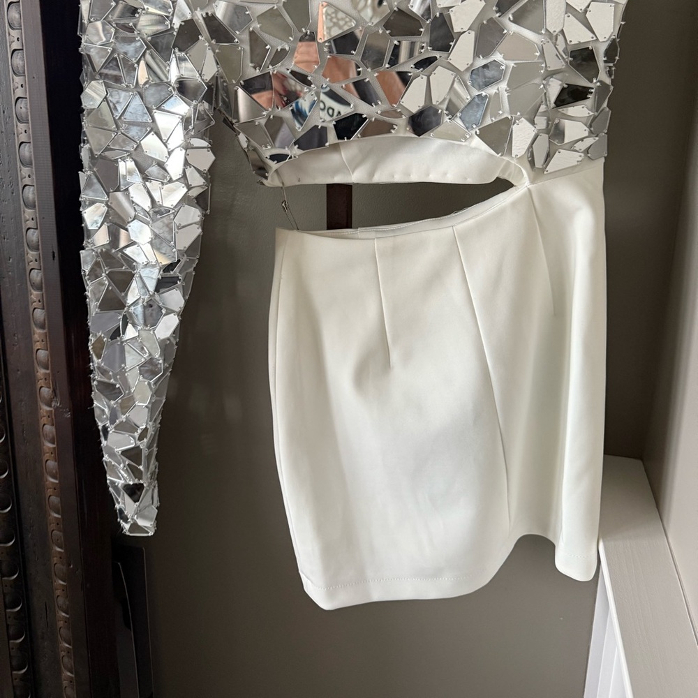 White Sherri Hill  mirrored one shoulder cocktail dress. Worn twice.